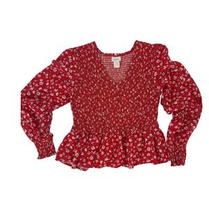 Japna Y2K Red Floral Smocked Peplum Top Long Sleeve V-Neck Daisy Print Medium